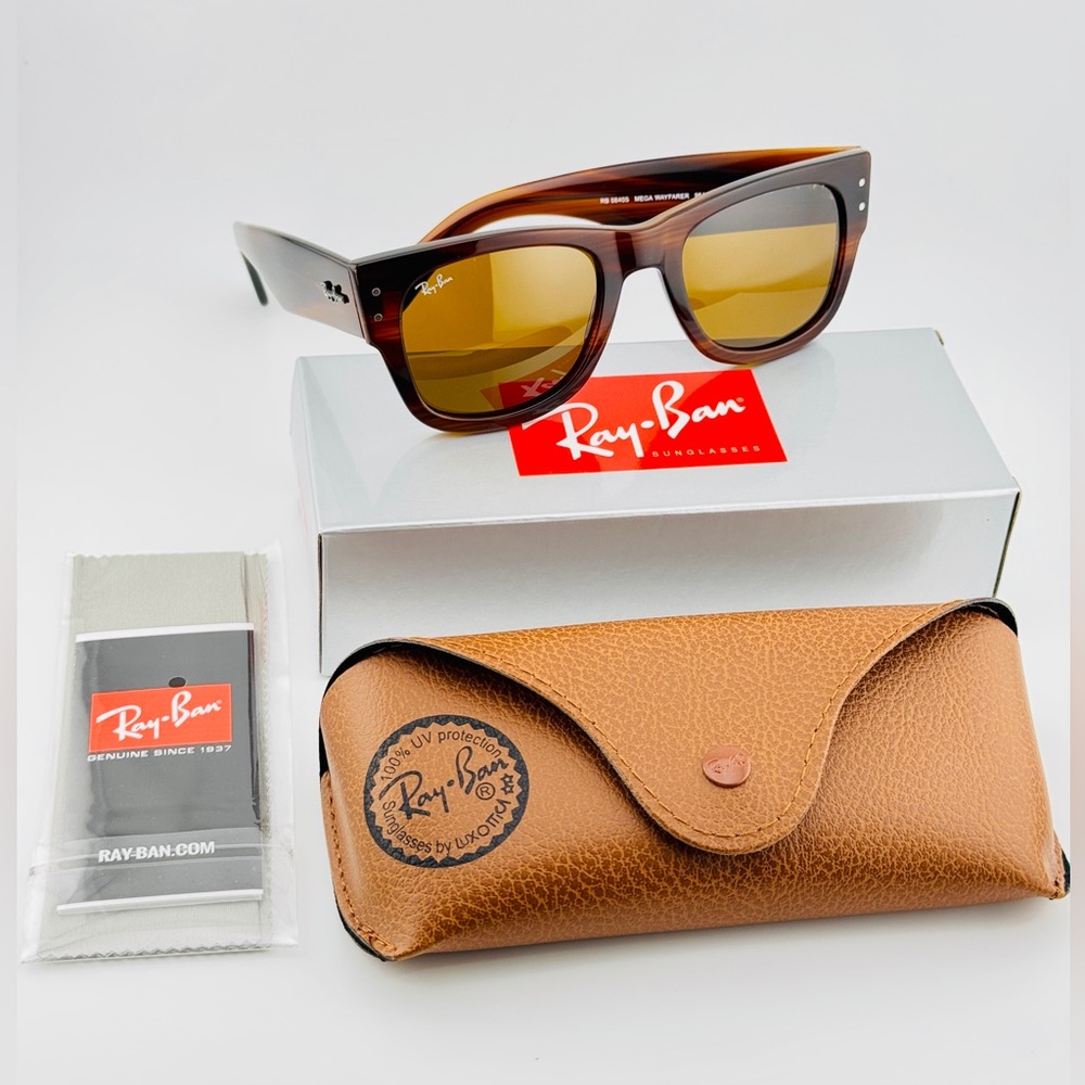 Ray-Ban Mega Wayfarer Sunglasses RB0840S Polished Striped Havana Brown Lenses - Picture 14 of 14